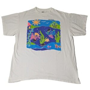 VTG DANSKIN Women L/XL White TROPICAL ART Single Stitch T-Shirt Made In USA